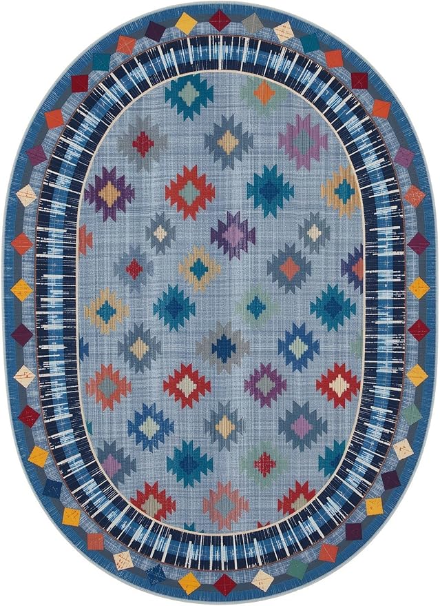 Funky Vintage Blue Red Orange Geometric Texture Indoor Area Rug for Living Room Bedroo Dining Room Faux Wool Soft Low Pile Oval Rugs 4x6 Entrance Nursery Farmhouse Rustic Country Home Office Carpet