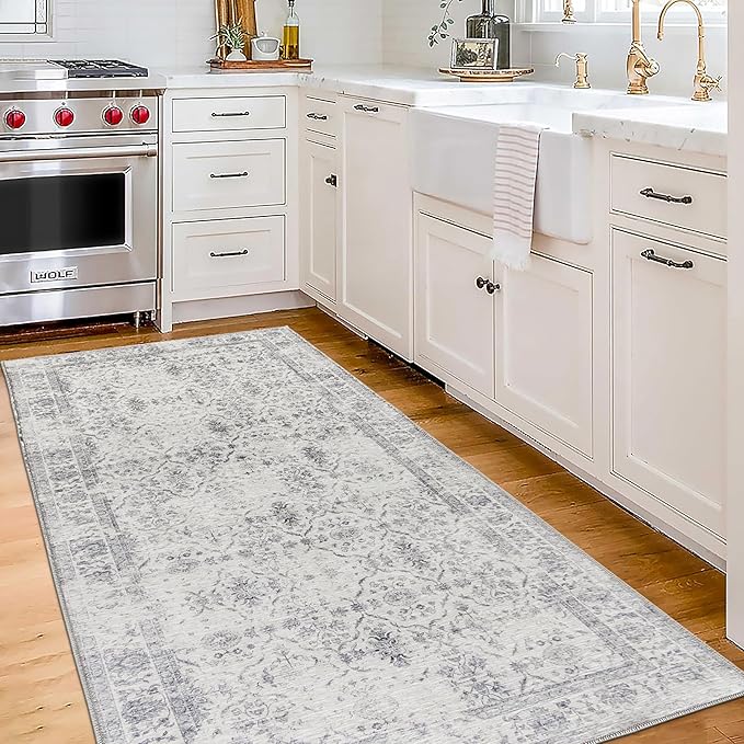 ReaLife Rugs Machine Washable Area Rug Runner - Living Room Bedroom Bathroom Kitchen Entryway Office - Padded Low Pile Stain Resistant Premium - Boho Farmhouse Vintage - Noor - Ivory Grey 2'6" x 6'