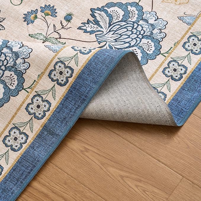 jinchan Elora 7ft Floral Round Rug for Dining Room Washable Living Room Rug Vintage Romance Design Non Slip Indoor Floor Cover Lightweight Low-Profile Throw Carpet for Bedroom Porch Patio, Blue/Beige