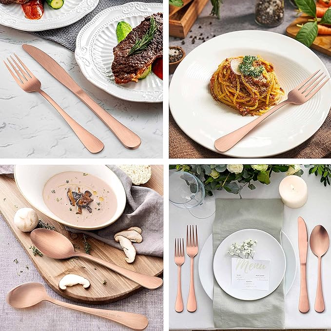 LIANYU 20 Piece Matte Copper Silverware Set, Stainless Steel Copper Flatware Cutlery Set for 4, Fancy Kitchen Utensil Tableware for Home Restaurant Party, Satin Finish, Dishwasher Safe