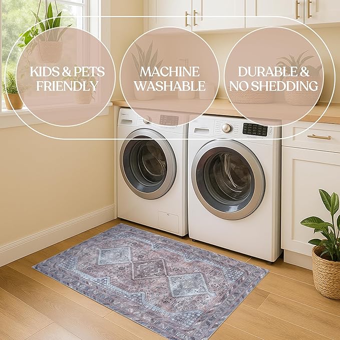 Washable Area Rug. Modern Farmhouse. Vintage. Turkish. Bohemian. Distressed. Oriental. Traditional. Rugs for Living Room. Dining. Bedroom. Office. Entryway. Foyer. (863BM, 7'5" x 9'8")