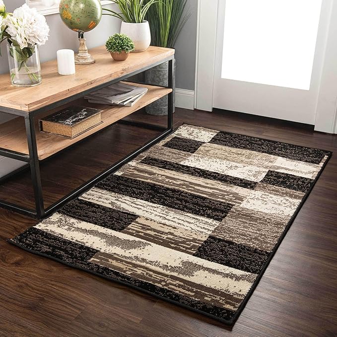 SUPERIOR Indoor Area Rug, Jute Backed, Modern Geometric Patchwork Floor Decor for Bedroom, Office, Living Room, Entryway, Hardwood Floors, Rockwood Collection, 4' x 6', Chocolate
