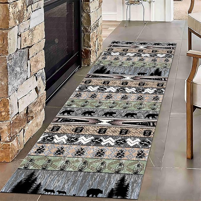 Bear Rug for Runner Rug, 4x12ft, Rustic Black Bear Wood Saw Compass Pine Oil Lamp Pattern Long Runner Rug, Camping Theme Multi-Color Stitching Non-Slip Floor Carpet, Cabin Style Home Decoration