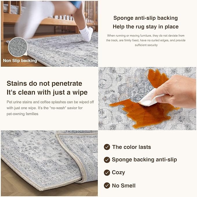 HUGEAR Machine Washable Hallway Runner Rugs 2x10 Vintage Blue Neutral Style Non Slip Stain Resistant Low Pile Throw Carpet for Bedroom Kitchen Retro Aesthetic Modern Decor