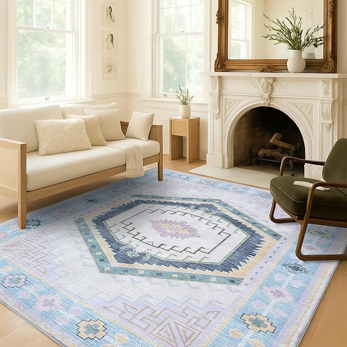 Fame Living Washable Area Rug. Modern Farmhouse. Vintage. Turkish. Bohemian. Distressed. Oriental. Traditional. Rugs for Living Room. Dining. Bedroom. Office. Entryway. Foyer. (856PBl, 5' x 6'9")
