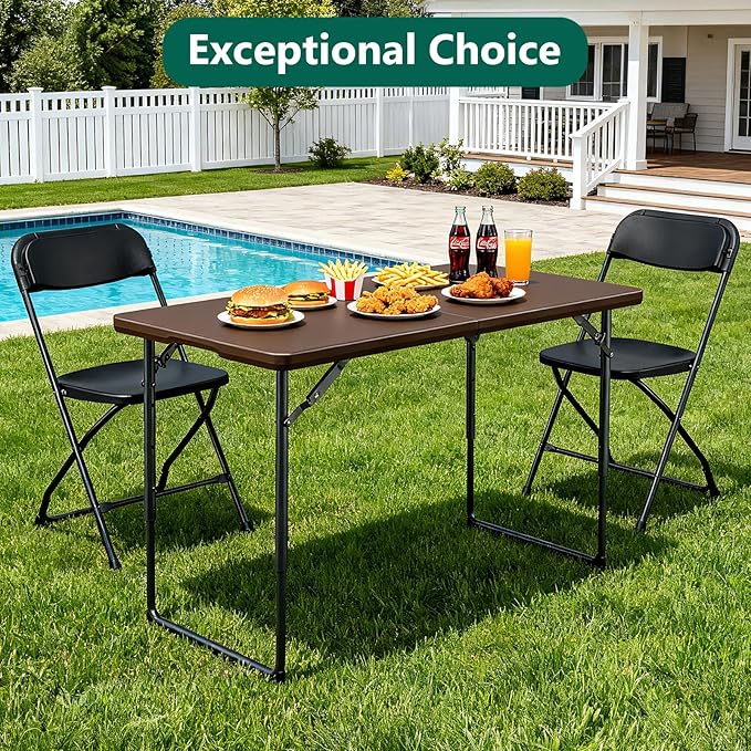 Folding Table 4FT Heavy Duty Plastic Table with Handle, Foldable&Portable, Fold-in-Half Utility Tables for Outdoor, Dining, Wedding, Events, Indoor, Picnic, Camping, Party, Brown