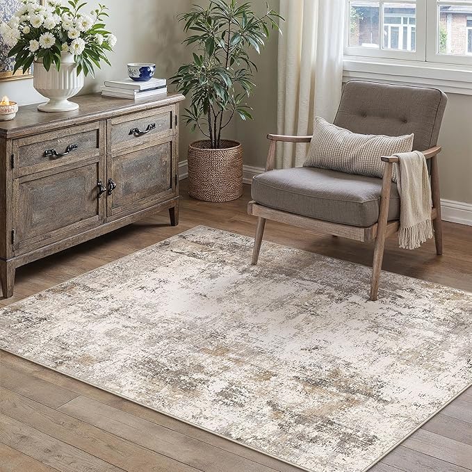 3x5 Washable Area Rug Brown Grey Abstract Entryway Office Throw Rug Neutral Modern Non Slip Soft Low Pile Small Carpet for Kitchen Living Room Bedroom Entrance