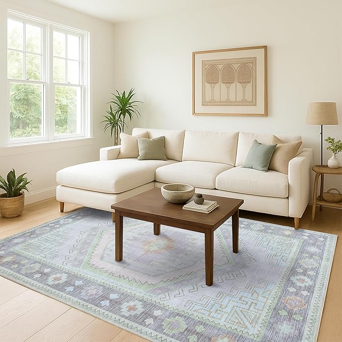 Fame Living Washable Area Rug. Modern Farmhouse. Vintage. Turkish. Bohemian. Distressed. Oriental. Traditional. Rugs for Living Room. Dining. Bedroom. Office. Entryway. Foyer. (856GrnCrm, 2'5" x 13')