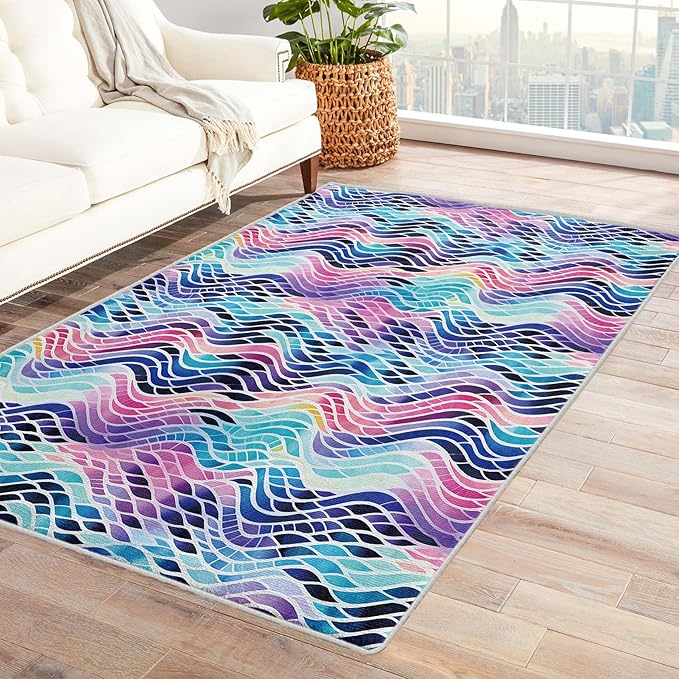 Colorful Wave Rug, 3x5 Rug, Abstract Watercolor Rugs for Entryway, Watercolor Small Area Rug, Washable Rug Non Slip Soft Indoor Carpet, Kids and Pets Friendly, Colorful Wave Home & Room Decor