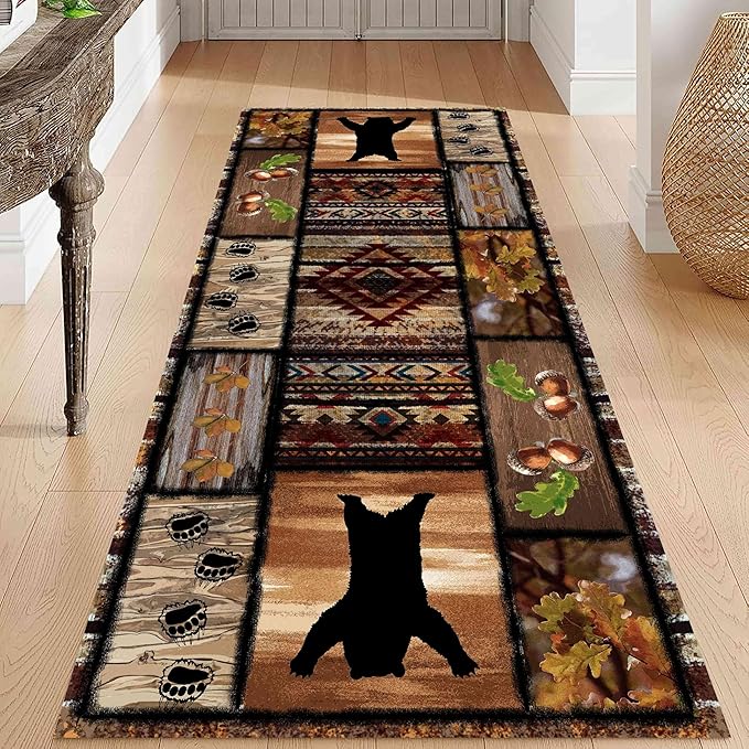 Wild Animal Bear Long Runner Rug, 2x10ft, Brown Geometric Stitching Non-Slip Kitchen Mat, Animal Bear and Plant Pine Cone Autumn Leaf Print Entrance Carpet, Southwest Country Style Indoor Decoration