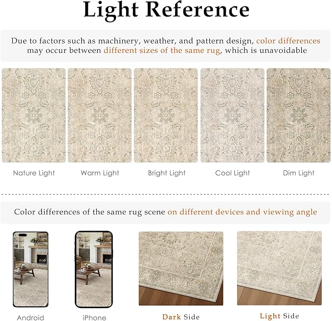 HUGEAR 2x6 Machine Washable Hallway Runner Rugs Vintage Beige - Neutral Non Slip Stain Resistant Low Pile Aesthetic Throw Carpet Kids & Pet Friendly for Bedroom Kitchen