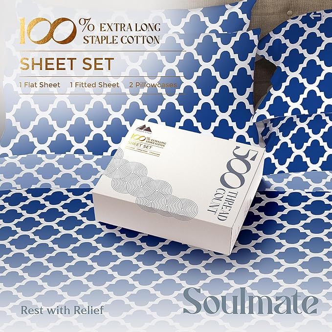 Mayfair Linen 100% Cotton Printed California King Cotton Sheets - 4 PC Cal King Size Bed Sheet Set Cotton (Quatrefoil Navy), Soft, Cooling, Sateen Weave 16" Deep Pocket Bedsheet (Fits 18" Mattress)