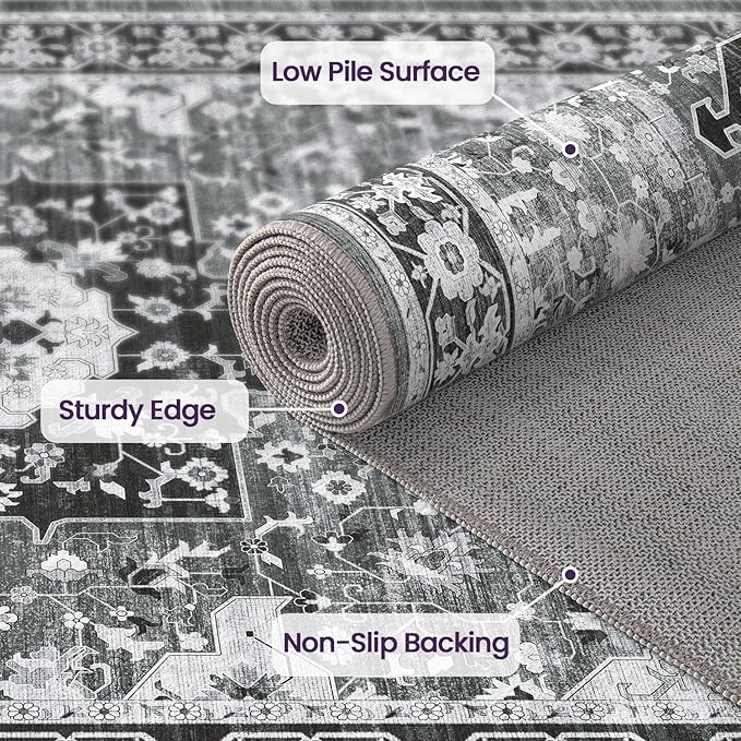 DEXI 5x8 Area Rug for Living Room, Washable Vintage Farmhouse Thin Rug Indoor Floor, Non Slip Stain Resistant Low Pile Carpet for Dining Room Bedroom Office, White Grey