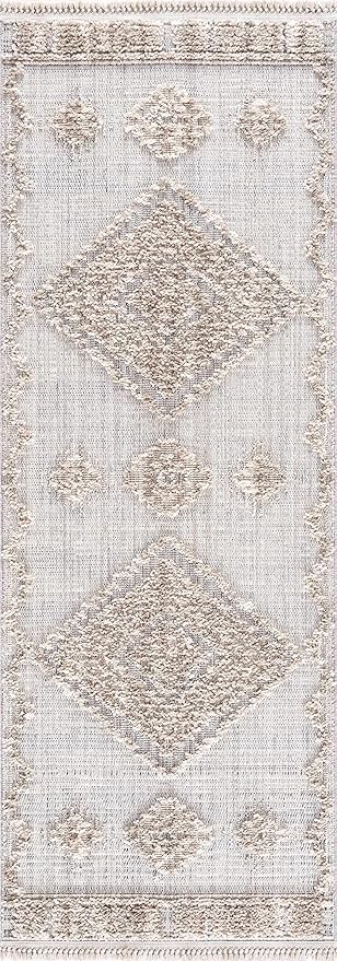 Hauteloom Ampusungan Modern Moroccan Medallion Farmhouse Living Room, Bedroom Area Rug - High Low - High Pile Carpet - Cream, Beige, Brown, Beige - 7'10" x 10'