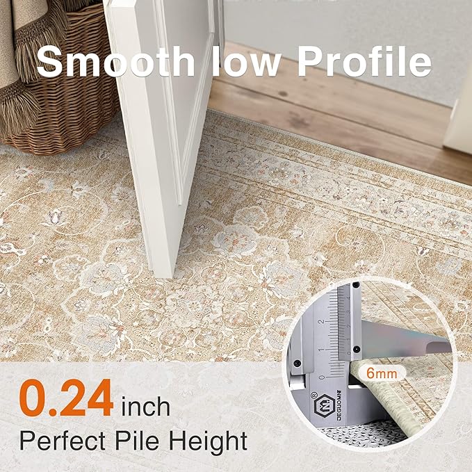 HUGEAR Machine Washable Area Rugs 5x7 Vintage Beige Brown Living Room Bedroom Rug Neutral Style Non Slip Stain Resistant Low Pile Throw Carpet for Home Retro Aesthetic Modern Decor