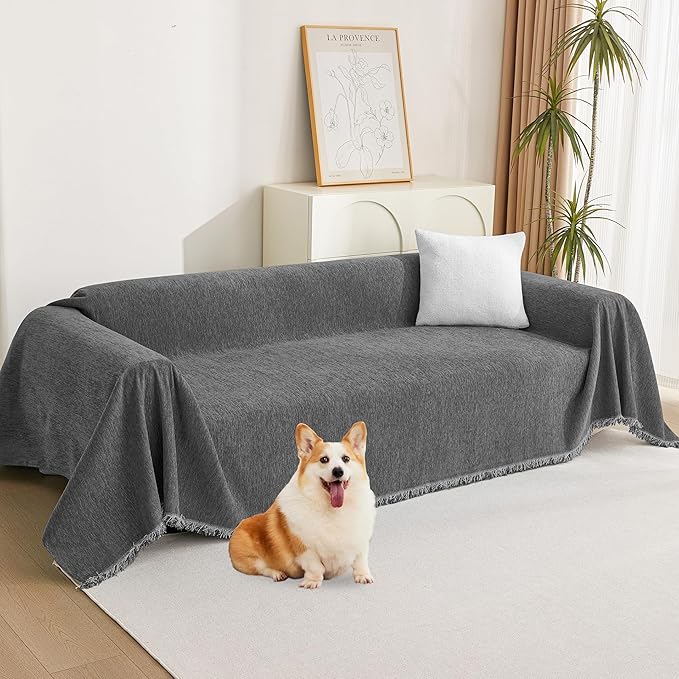 MYSKY HOME Couch Covers for 3 Cushion Couch Sofa, Sectional Couch Cover L Shape Chenille Couch Cushion Covers for Pets, Furniture Protector Cover for Dogs, Kids, 91"X150", Charcoal Gray