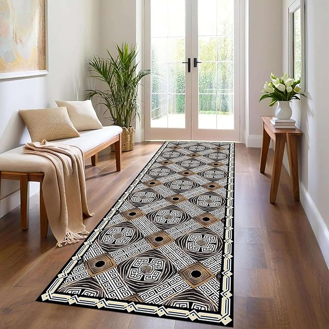 Classic Geometric Runner Rug, 2.6x7ft, Greek Key Print Runners Rugs, Vintage Moroccan Checkered Carpet, Cozy Short Pile No Crease Farmhouse Rugs for Living Room Laundry