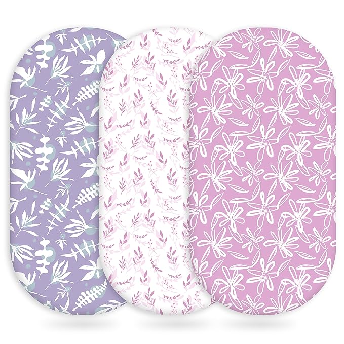 Baby Bassinet Sheets Girl Boy, Fitted Bassinet Sheet Set 3 Pack Bassinet Mattress Sheets Universal Fit for Rectangle, Round, Oval, Hourglass Mattress, Soft Breathable Purple Leaf