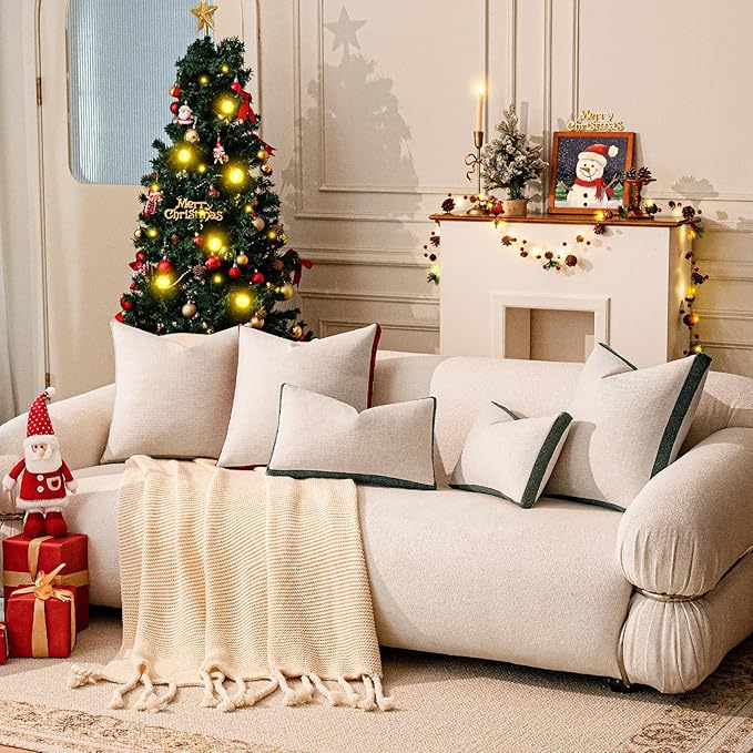 a moment Christmas Dark Green Loop Yarn Linen-Like Pillow Cover Natural Soft Decorative Throw Pillow Case Farmhouse 12x20 Inch, Textured Cushion Cover for Sofa Bed, Wrinkle-Resistant Home Decor