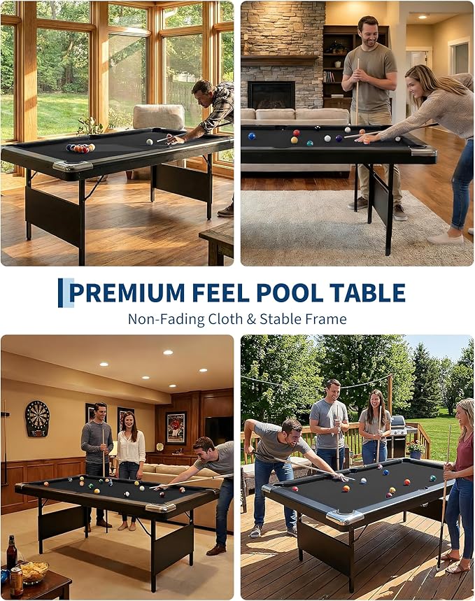 7 Foot Pool Table for Family, Foldable No Assembly Pool Table with Balls, Cues, Chalk, Rack & Brush, Portable Billiards Game Table for Apartment, Basement, Office & Game Room