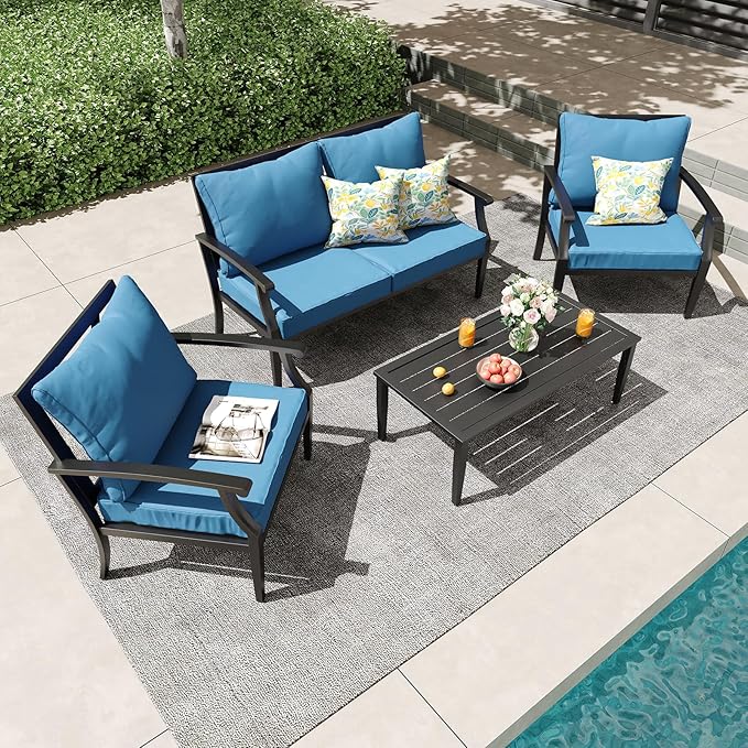 4 Piece Outdoor Patio Furniture Set, Oversized Metal Conversation Set