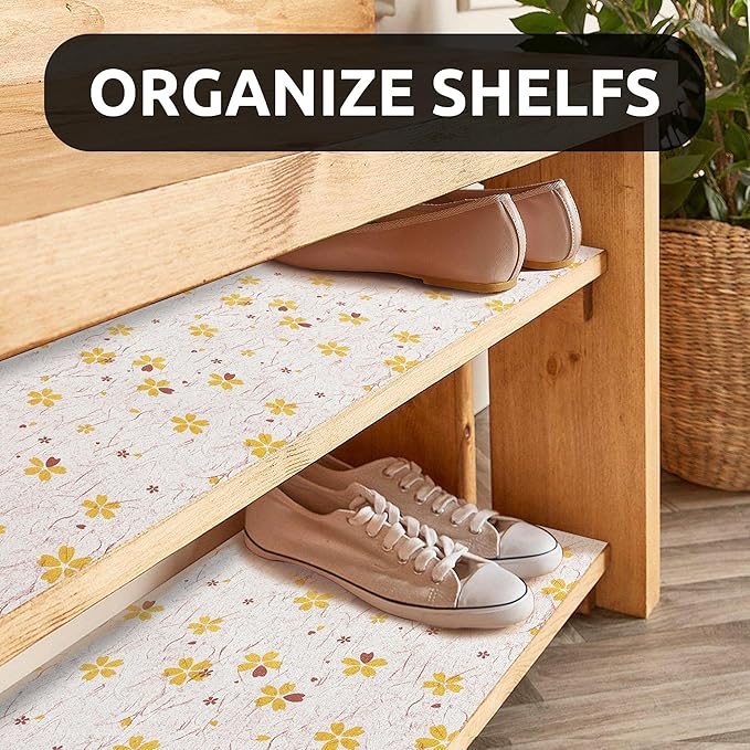RAY STAR 12X120 Inch Shelf Liner for Kitchen Cabinets, Non-Adhesive Cabinet Liner Washable, PVC Drawer Liner for Dresser Non-Slip Bathroom (Yellow-Floral)(2 Roll)