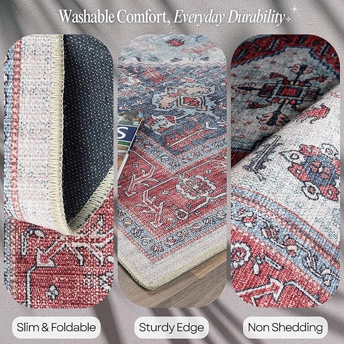 Fame Rugs Turkish Rug. Washable Vintage Oriental Antique Inspired Traditional Doormat Small Modern Area Rugs Luxury Entryway Entry Bedroom Bathroom Kitchen (402RN, 2'5 x 6'9)