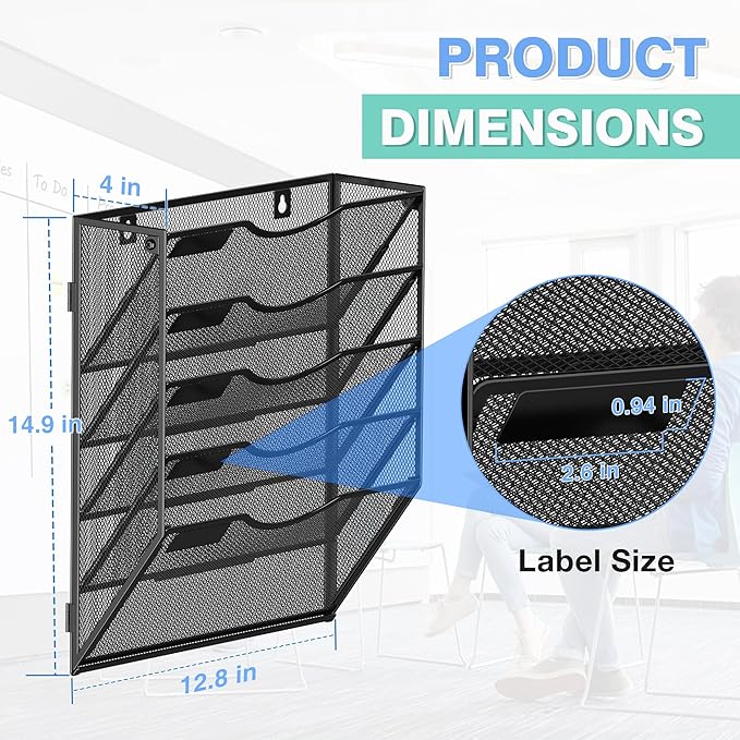 Kuntine.B Wall File Organizer Office Hanging Magazine Holder Wall File Organizer for Office Home (Black, 5 Tier & Hangers)