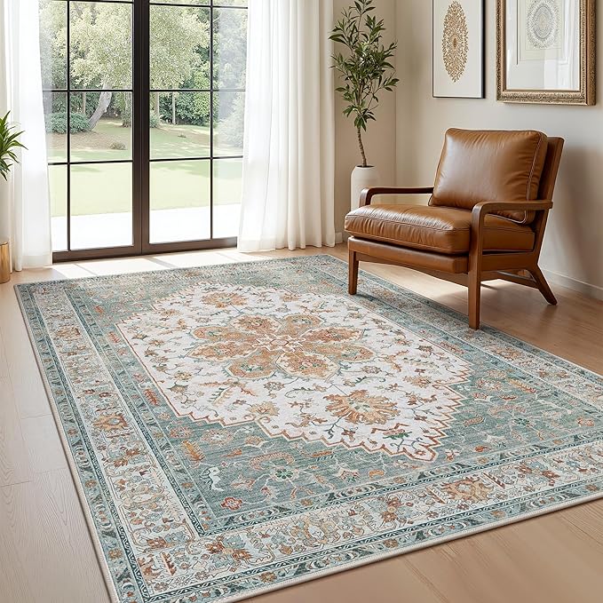 GENIMO 5X7 Area Rugs for Living Room, Machine Washable Vintage Floor Cover Foldable Modern Non Slip Rug, Low Pile Soft Indoor Carpet Floral Print Mat Rug,Bedroom/Dining Room/Home Office, Mint Green