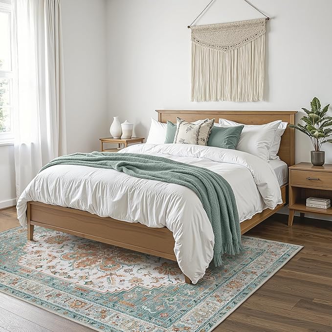 GENIMO 5X7 Area Rugs for Living Room, Machine Washable Vintage Floor Cover Foldable Modern Non Slip Rug, Low Pile Soft Indoor Carpet Floral Print Mat Rug,Bedroom/Dining Room/Home Office, Mint Green