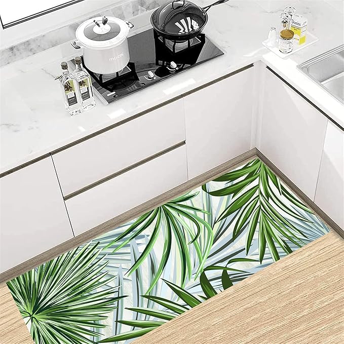 Hall Runner Rug 2.6x7 ft Non-Slip - Tropical Palm Leaves Design in Emerald Green - Easy Clean Washable Carpet for Hallway, Entryway, Bedroom - Durable Floor Decor