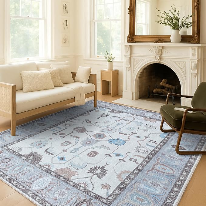 Fame Living Cream Grey Oushak Rug, Modern, Vintage, Turkish, Eclectic, Floral, Pastel, Washable, Area Rugs for Living Room, Dining, Bedroom, Nursery, Girls, Boys, 5'9"x8'9"