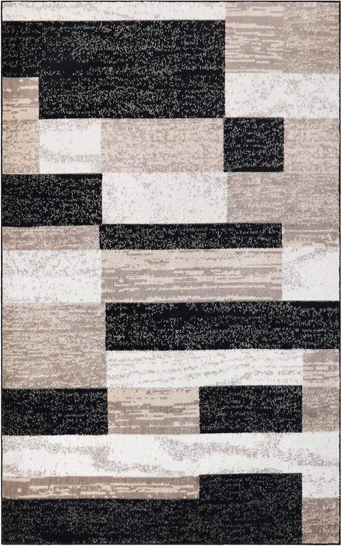 Superior Indoor Area Rug, Jute Backed, Modern Geometric Patchwork Floor Decor for Bedroom, Office, Living Room, Entryway, Kitchen, Hardwood Floors, Rockwood Collection, 4' x 6', Ivory-Beige