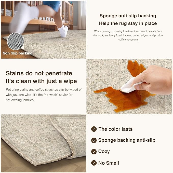HUGEAR 2x6 Machine Washable Hallway Runner Rugs Vintage Beige - Neutral Non Slip Stain Resistant Low Pile Aesthetic Throw Carpet Kids & Pet Friendly for Bedroom Kitchen