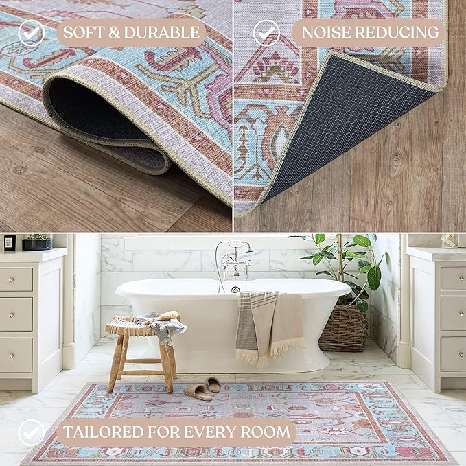 Fame Living Pink Oushak Rug, Modern, Vintage, Turkish, Eclectic, Floral, Pastel, Washable, Extra Large Area Rugs for Living Room, Dining, Bedroom, Lounge, 9'x12'