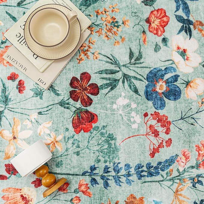 Floral Runner Rug 2x6 Washable Hallway Long Green Bedroom Carpet Non Slip Indoor Boho Kitchen Low Pile Accent Rug Lightweight Soft for Bathroom Dining Laundry Living Room