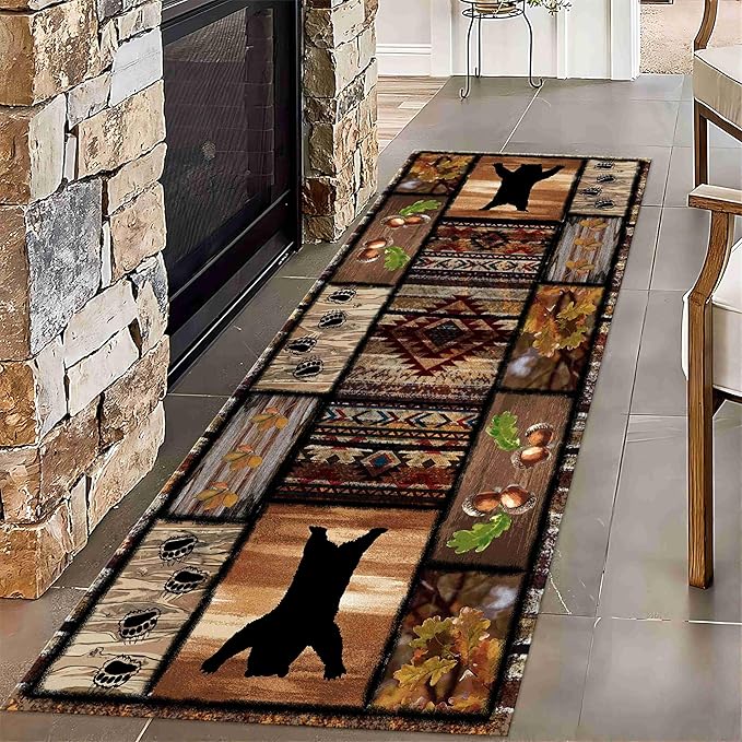 Wild Animal Bear Long Runner Rug, 2x7ft, Brown Geometric Stitching Non-Slip Kitchen Mat, Animal Bear and Plant Pine Cone Autumn Leaf Print Entrance Carpet, Southwest Country Style Indoor Decoration