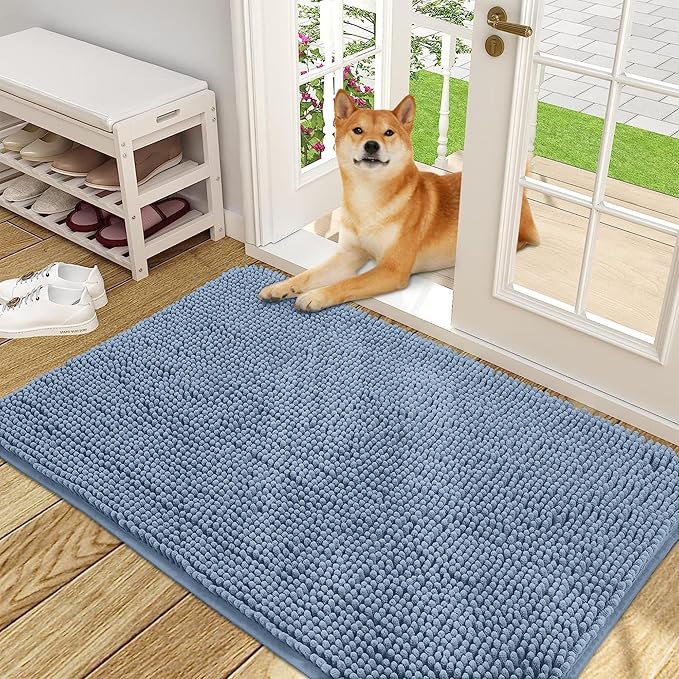 OLANLY Dog Door Mat for Muddy Paws 48x30, Absorbs Moisture and Dirt, Absorbent Non-Slip Washable Doormat, Quick Dry Chenille Mud Mat for Dogs, Entry Indoor Entryway Carpet for Inside Floor, Airy Blue