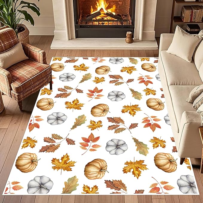 Pumpkin Area Rug, 5x7ft, Fun Vibrant Autumn Harvest Fallen Leaves Pumpkin Plant White Fall Porch Rug, Sturdy Non Slip Easy-Washing Fall Decorations for Home Bedroom