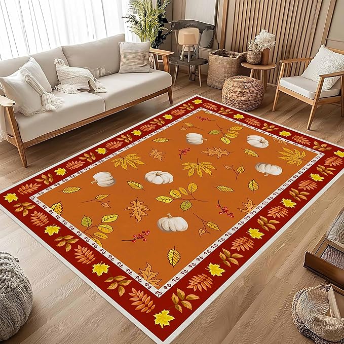 Fallen Leaves Carpet for Kitchen, 4x5ft, Autumn Pumpkins with Leave Orange Area Rug, Indoor Ultra-Thin Foldable Machine Washable Fun Pumpkin Bath Mat for Home Office Relax Room