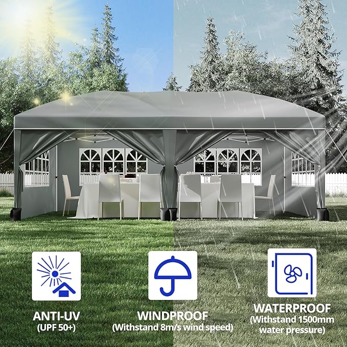 10X20Ft Pop Up Wedding Party Tent with 6 Sidewalls - Heavy Duty Commercial Outdoor Canopy, Waterproof Gazebo Canopy Tent, Canopy All Season with Storage Bag, Gray