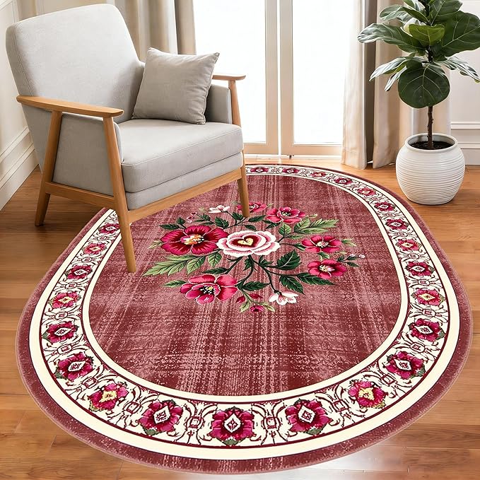 Retro Country Distressed Burgundy Green Florals Texture Bordered Rugs 12x14 for Living Room Bedroom Dining Room Soft Washable Non Skid Area Rug Guestroom Kitchen Doormats Rustic Indoor Oval Carpet
