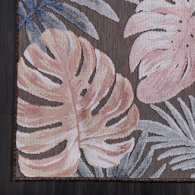 CAMILSON Indoor Outdoor Rug, Brown 9’x12’ Leaf Tropical Botanical Area Rugs for Indoor and Outdoor patios, Easy-Cleaning Non-Shedding Living Room, Garden and Kitchen Washable Outside Carpet (9x12)