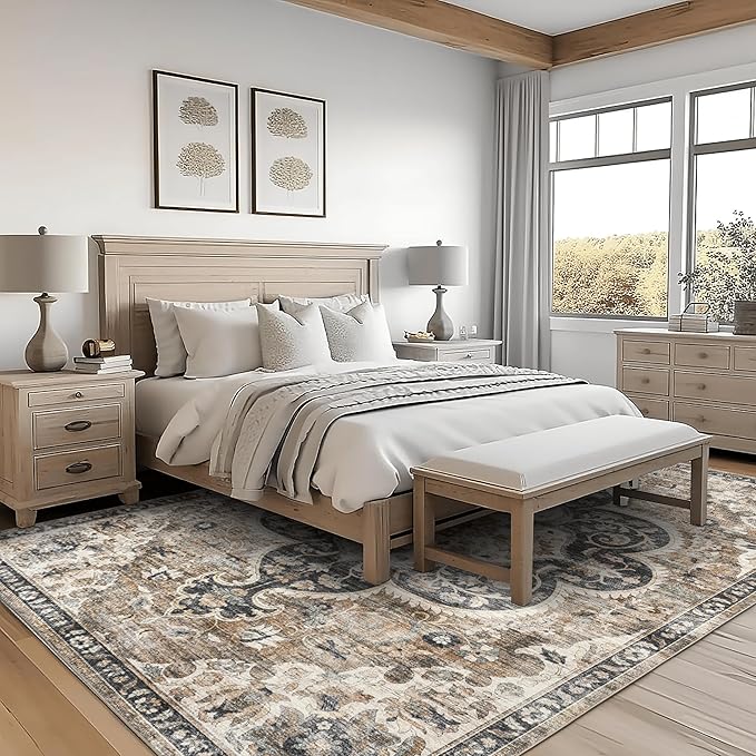 ReaLife Rugs Machine Washable Area Rug Runner - Living Room Bedroom Bathroom Kitchen Entryway Office - Padded Low Pile Stain Resistant Premium - Boho Farmhouse Vintage - Joy - Brown Beige 3' x 5'