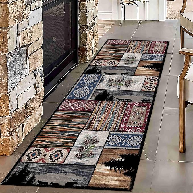 Rustic Country Woodland Rug, 4x12ft, Bohemian Forest Woodland Animal Bear Wolf Multicolor Country Rug, Southwestern Native American Hunting Hallway Carpet, Washable Fade Resistant Throw Rug