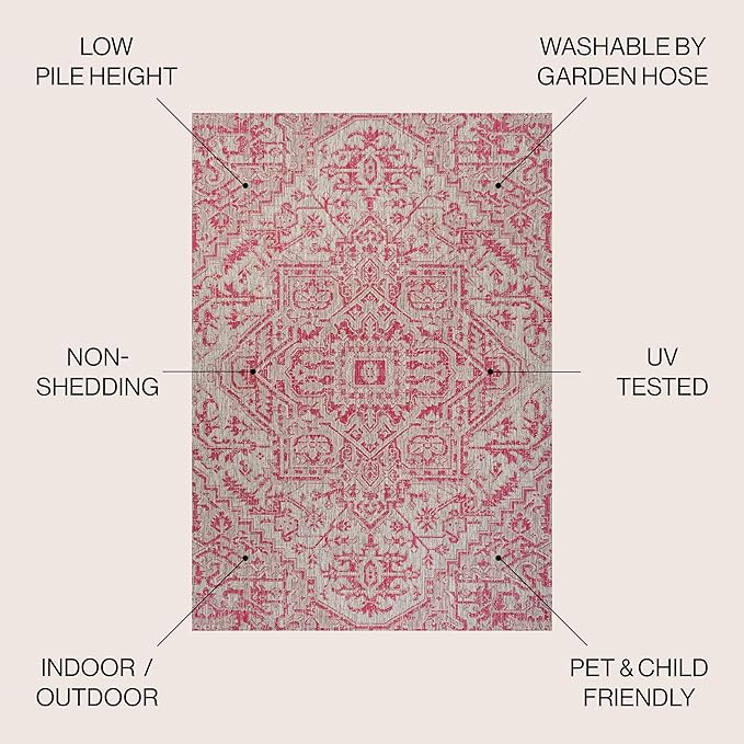 JONATHAN Y Boho Medallion Indoor Outdoor Area Rug 8X10 Light Gray/Fuchsia, Estrella Textured Weave for Backyard, Patio, Porch, Easy-Cleaning, High Traffic, Pet-Friendly, Non-Shedding (SMB105F-8)