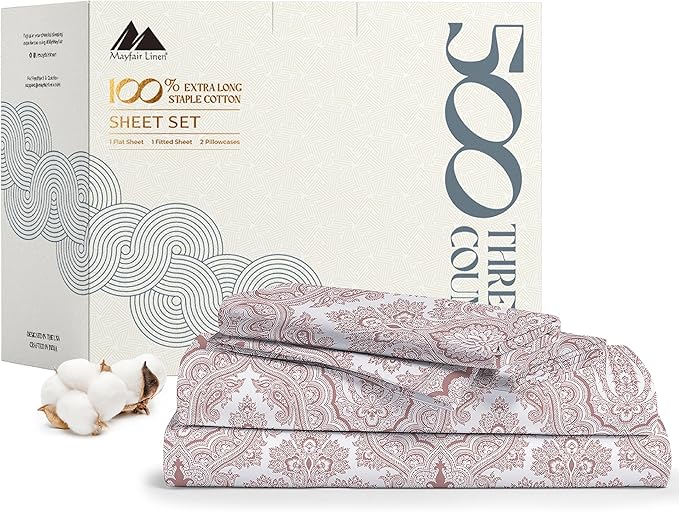 Mayfair Linen 100% Cotton Printed California King Cotton Sheets - 4 PC Cal King Size Bed Sheet Set Cotton (Paisley Print), Soft, Cooling, Sateen Weave 16" Deep Pocket Bedsheet (Fits 18" Mattress)