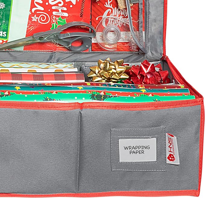 HOLDN' STORAGE Premium Wrapping Paper Storage Container - Durable 600D Tearproof, Fits 27 Rolls Gift Wrap Extra Pockets for Ribbons & Bows Underbed Storage - Ideal for Holiday Christmas, Grey/Red Trim