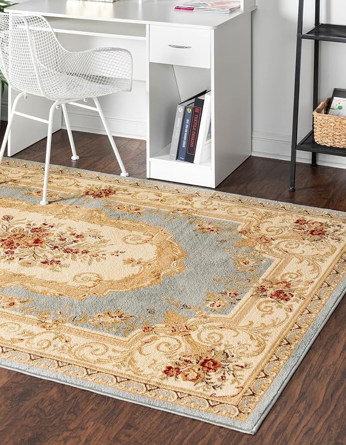 Rugs.com Chateau Collection Rug – 8' x 11' Light Blue Medium Rug Perfect for Living Rooms, Large Dining Rooms, Open Floorplans