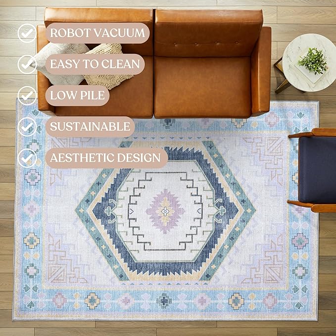 Fame Living Washable Area Rug. Modern Farmhouse. Vintage. Turkish. Bohemian. Distressed. Oriental. Traditional. Rugs for Living Room. Dining. Bedroom. Office. Entryway. Foyer. (856PBl, 2'5" x 4'9")